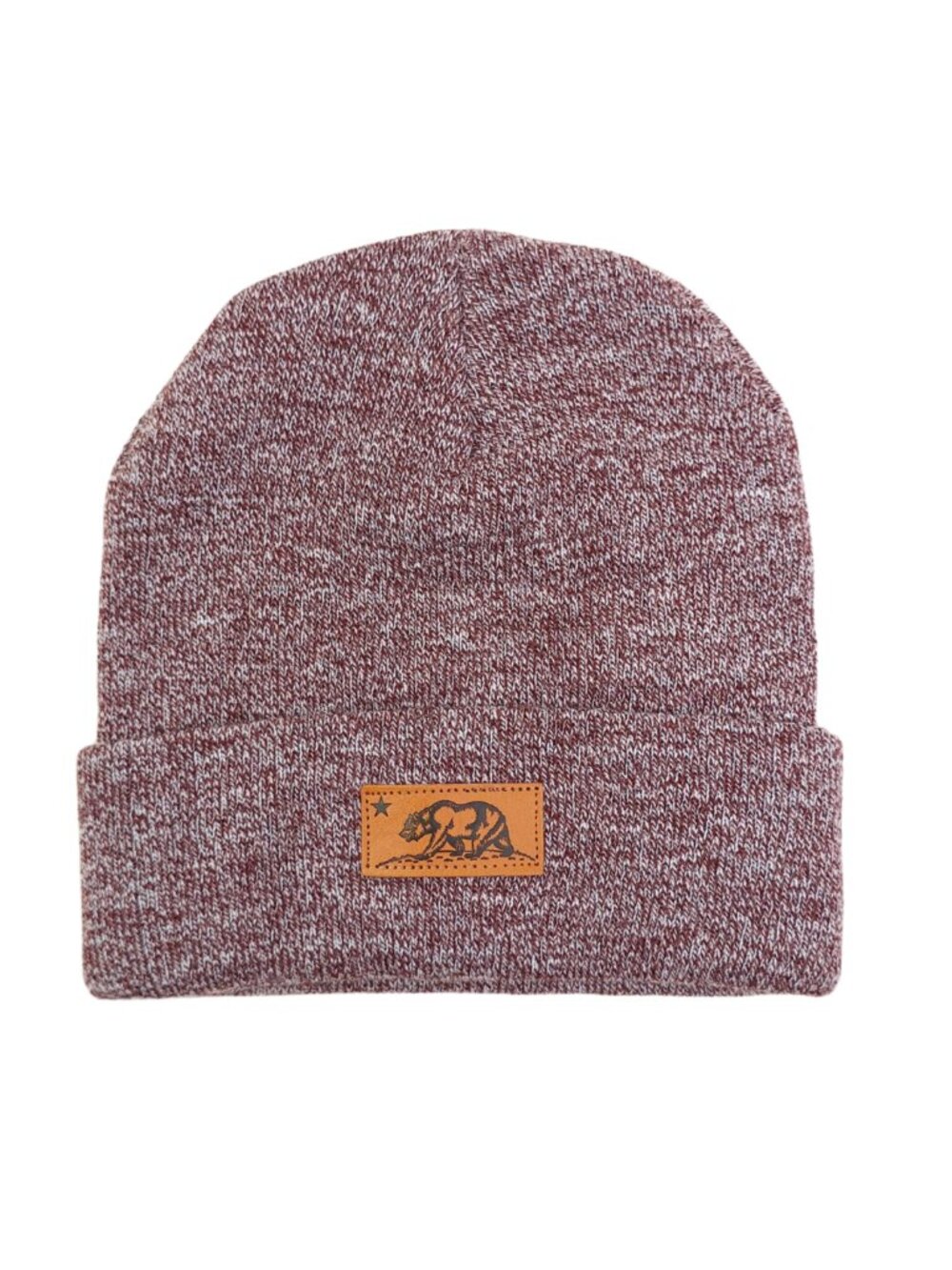 Techstyles Unisex Heathered Burgundy & White Beanie w/ Faux Leather Logo Patch